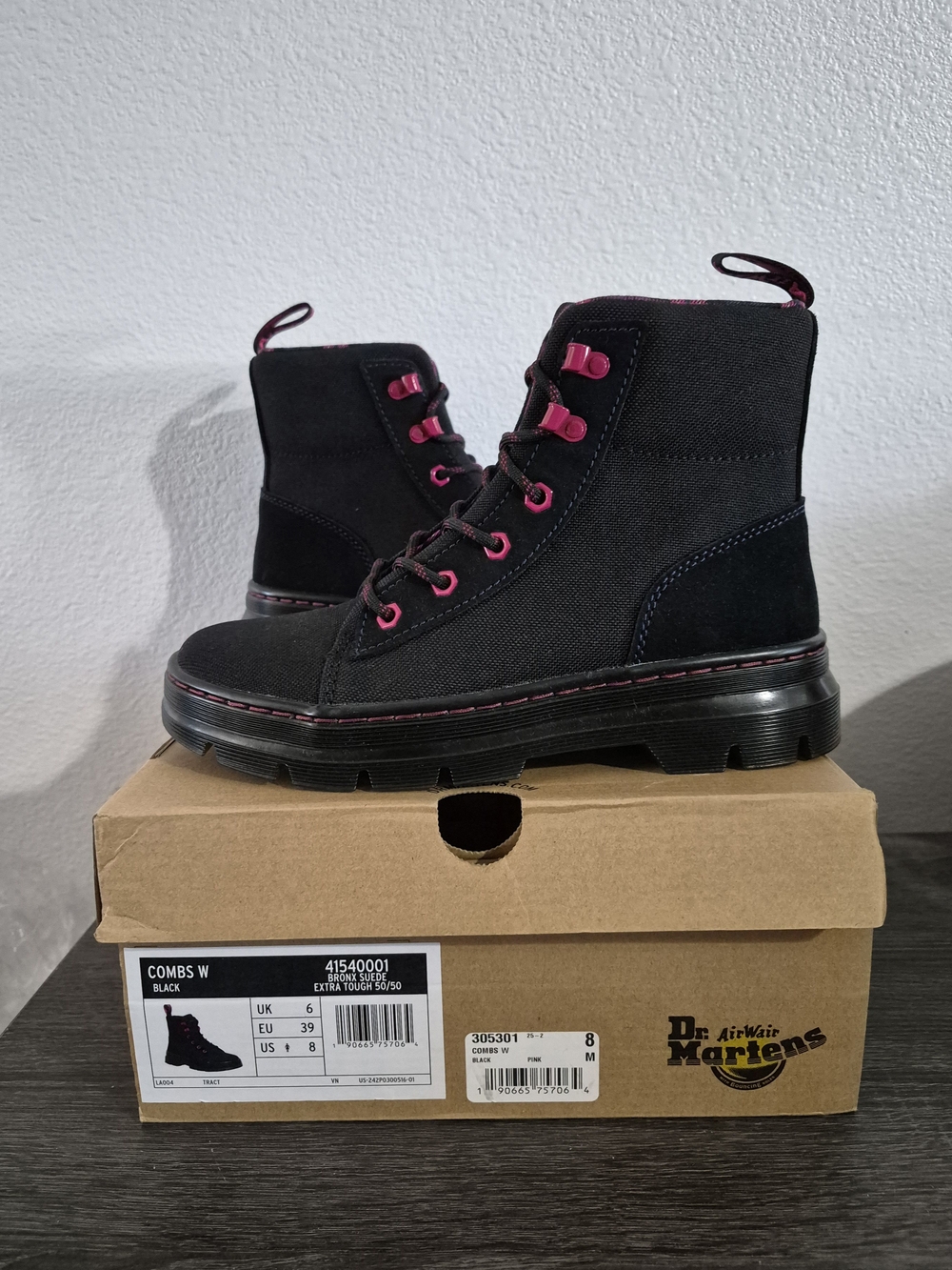 Dr. Martens Black Canvas Lace-Up Boots with Pink Accents Womens 8
